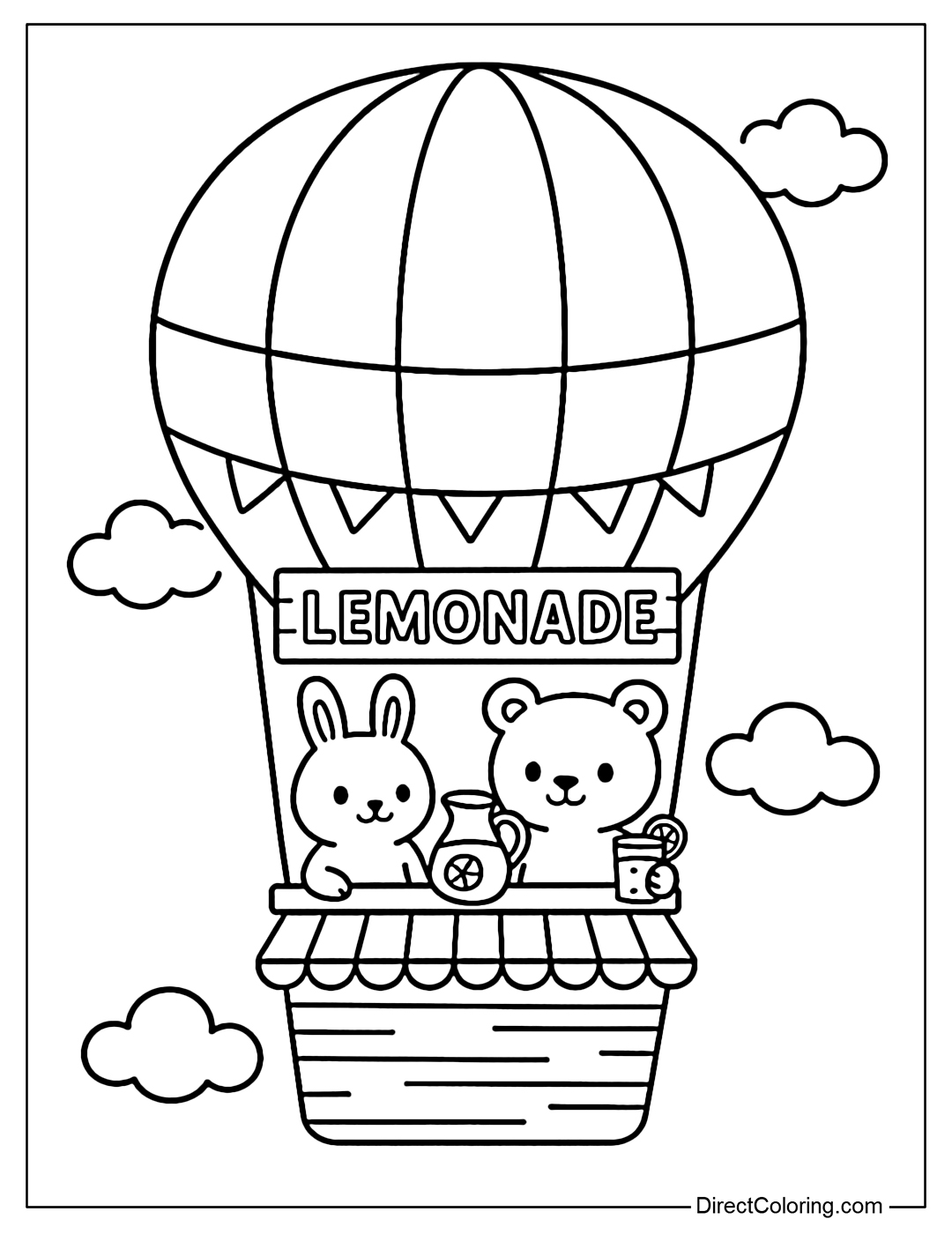 Coloring page of a lemonade stand floating on a hot air balloon, with baby animals serving.